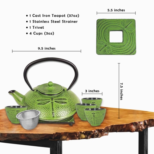 Ensemble de théière en fonte avec 4&nbsp;tasses en forme de libellule 37&nbsp;oz de Cuisiland - Rouge