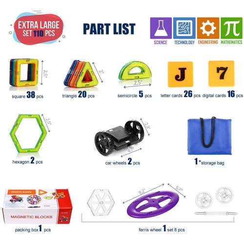 Magnetic Blocks,110 PCS Magnetic Tiles for Boys and Girls, Magnetic Building Blocks Set Educational Toys for Kids