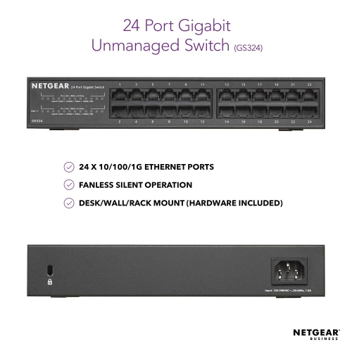 Remis à neuf – Commutateur non géré Ethernet GS324 de NETGEAR | Gigabit 24 ports | Plug and Play | Montage sur bâti