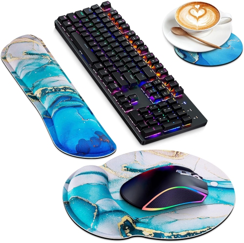 Mouse Wrist Rest, Memory Foam Soft Fabric Mouse Wrist Rest Pad Support Cushion with Anti-Skid Rubber Base, Blue Green Marble