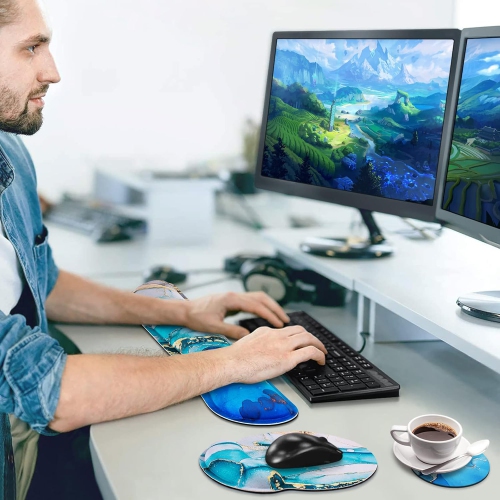 Mouse Wrist Rest, Memory Foam Soft Fabric Mouse Wrist Rest Pad Support Cushion with Anti-Skid Rubber Base, Blue Green Marble