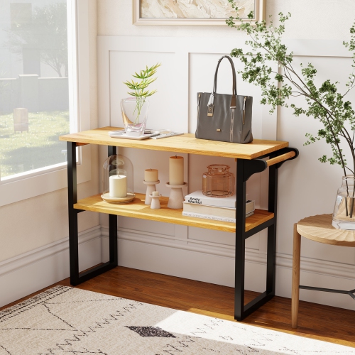 Gymax 2-Tier Bathroom Shelf w/Towel Rack Solid Teak Wood Freestanding Storage Shelves