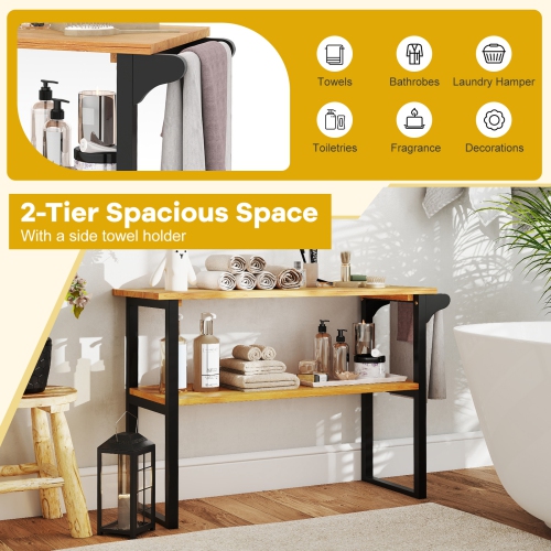 Gymax 2-Tier Bathroom Shelf w/Towel Rack Solid Teak Wood Freestanding Storage Shelves