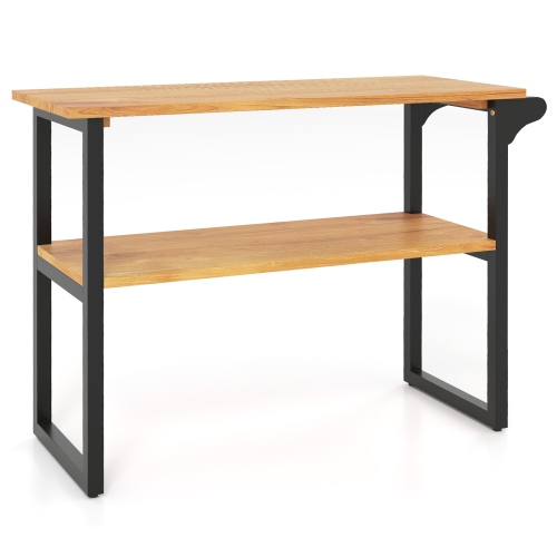 Gymax 2-Tier Bathroom Shelf w/Towel Rack Solid Teak Wood Freestanding Storage Shelves