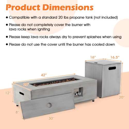 Gymax 42'' Outdoor Rectangular Fire Table 50,000 BTU Propane Gas Fire Pit Table w/ Lid