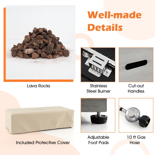 Gymax 42'' Outdoor Rectangular Fire Table 50,000 BTU Propane Gas Fire Pit Table w/ Lid