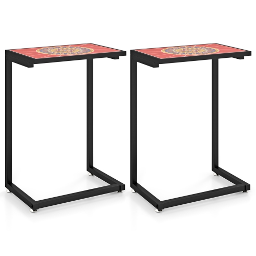 Gymax 2PCS Mosaic Outdoor C-Shaped End Table w/ Ceramic Tile Top Sturdy Metal Frame