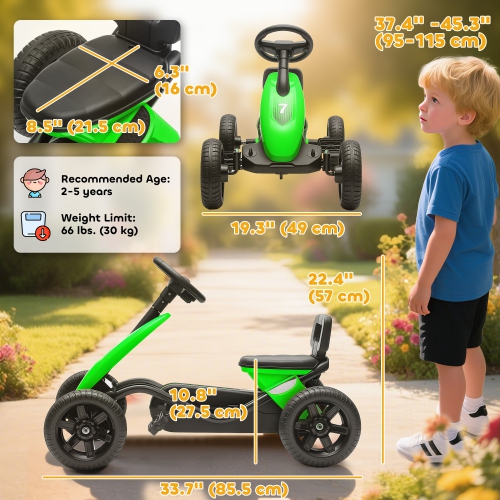 Qaba Pedal Go Kart for Kids, Ride on Toys for Boys Girls with 4 Silent EVA Wheels, Children Outdoor Racer Pedal Car for 2-5 Years, Green