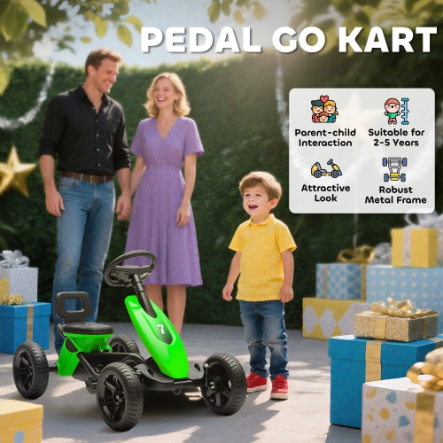 Qaba Pedal Go Kart for Kids, Ride on Toys for Boys Girls with 4 Silent EVA Wheels, Children Outdoor Racer Pedal Car for 2-5 Years, Green