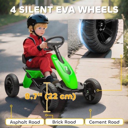 Qaba Pedal Go Kart for Kids, Ride on Toys for Boys Girls with 4 Silent EVA Wheels, Children Outdoor Racer Pedal Car for 2-5 Years, Green
