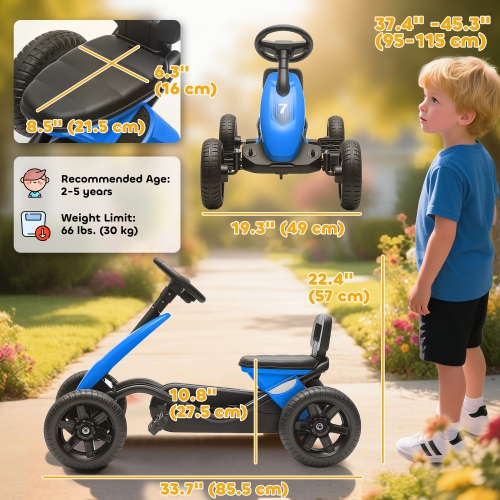 Qaba Pedal Go Kart for Kids, Ride on Toys for Boys Girls with 4 Silent EVA Wheels, Children Outdoor Racer Pedal Car for 2-5 Years, Blue