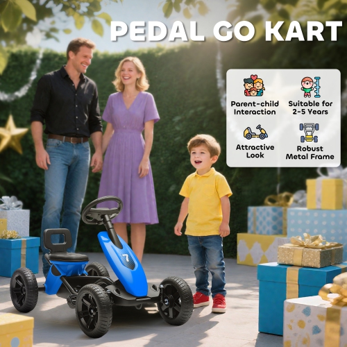 Qaba Pedal Go Kart for Kids, Ride on Toys for Boys Girls with 4 Silent EVA Wheels, Children Outdoor Racer Pedal Car for 2-5 Years, Blue