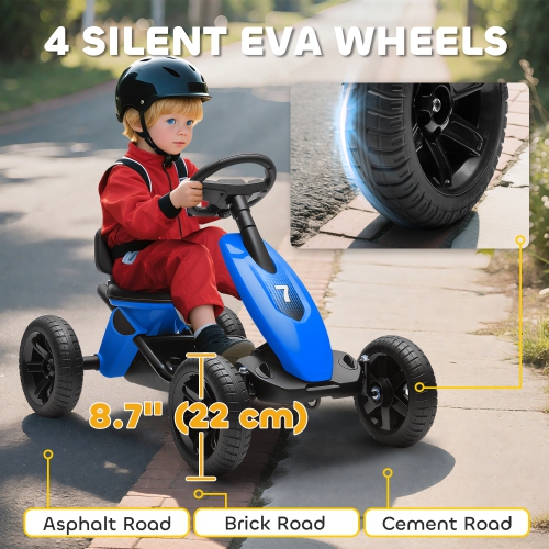Qaba Pedal Go Kart for Kids, Ride on Toys for Boys Girls with 4 Silent EVA Wheels, Children Outdoor Racer Pedal Car for 2-5 Years, Blue