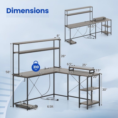Bureau de jeu réversible en L avec bande LED, prises d'alimentation et support pour moniteur