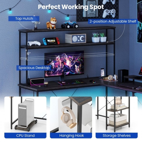 Bureau de jeu réversible en L avec bande LED, prises d'alimentation et support pour moniteur