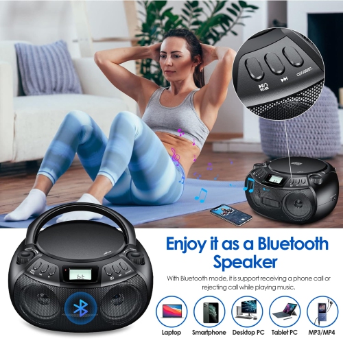 Lecteur CD stéréo portatif, haut-parleur Bluetooth avec radio FM, port USB, lecture MP3, entrée auxiliaire 3,5&nbsp;mm, prise pour écouteurs Écran ACL