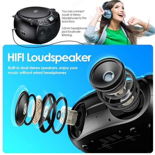 Lecteur CD stéréo portatif, haut-parleur Bluetooth avec radio FM, port USB, lecture MP3, entrée auxiliaire 3,5&nbsp;mm, prise pour écouteurs Écran ACL