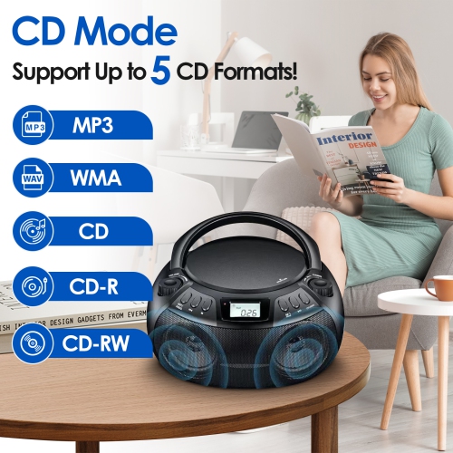 Lecteur CD stéréo portatif, haut-parleur Bluetooth avec radio FM, port USB, lecture MP3, entrée auxiliaire 3,5&nbsp;mm, prise pour écouteurs Écran ACL