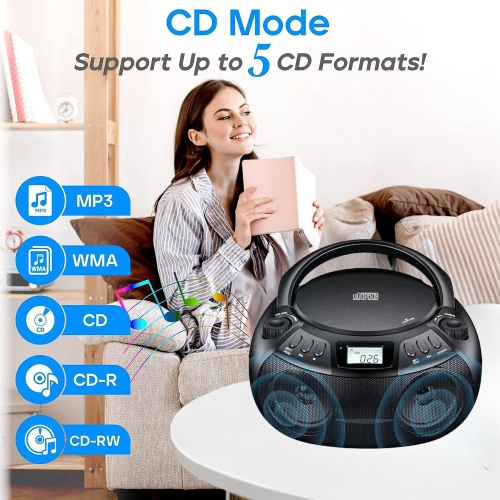 Lecteur CD stéréo portatif, haut-parleur Bluetooth avec radio FM, port USB, lecture MP3, entrée auxiliaire 3,5&nbsp;mm, prise pour écouteurs Écran ACL