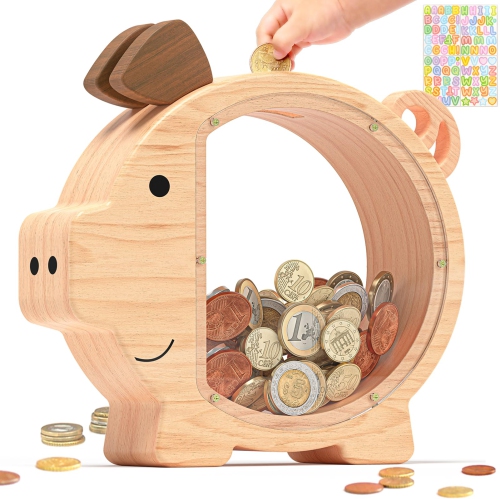 Tirelire en bois pour enfants, grande tirelire transparente en forme de cochon idéale pour les cadeaux d'anniversaire et de Noël des enfants