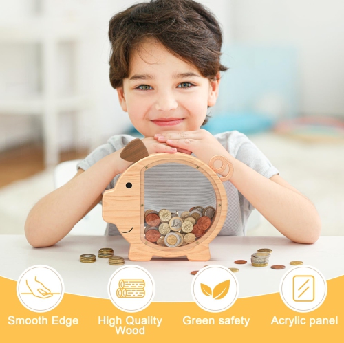 Tirelire en bois pour enfants, grande tirelire transparente en forme de cochon idéale pour les cadeaux d'anniversaire et de Noël des enfants