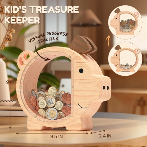 Tirelire en bois pour enfants, grande tirelire transparente en forme de cochon idéale pour les cadeaux d'anniversaire et de Noël des enfants
