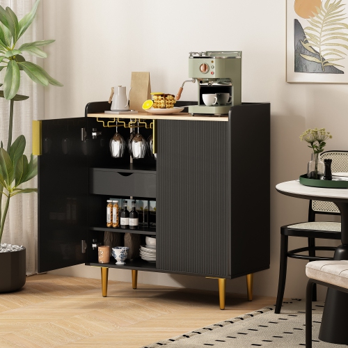 U-HOMY 31.5" Fluted Bar Cabinet - Black & Gold Modern Wine Rack with Glass Holder & Storage