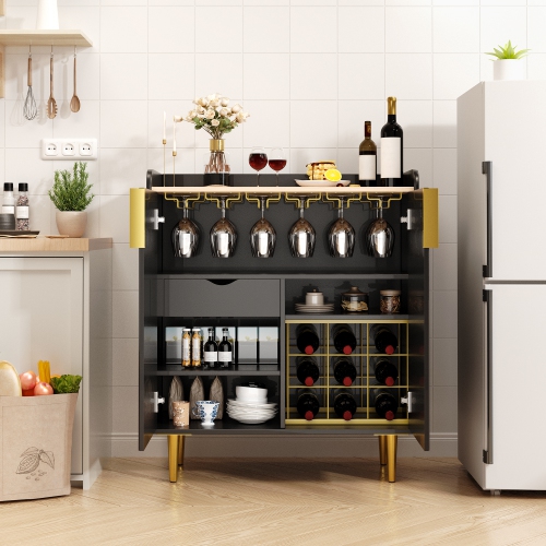 U-HOMY 31.5" Fluted Bar Cabinet - Black & Gold Modern Wine Rack with Glass Holder & Storage