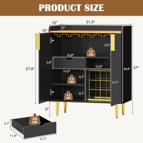 U-HOMY 31.5" Fluted Bar Cabinet - Black & Gold Modern Wine Rack with Glass Holder & Storage