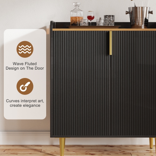U-HOMY 31.5" Fluted Bar Cabinet - Black & Gold Modern Wine Rack with Glass Holder & Storage