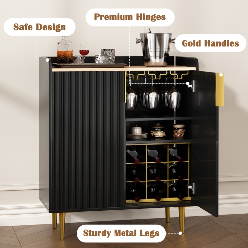 U-HOMY 31.5" Fluted Bar Cabinet - Black & Gold Modern Wine Rack with Glass Holder & Storage