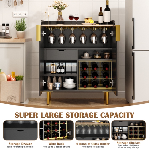 U-HOMY 31.5" Fluted Bar Cabinet - Black & Gold Modern Wine Rack with Glass Holder & Storage