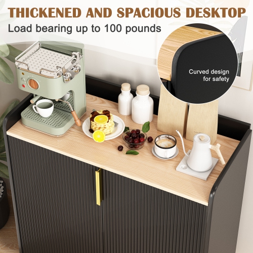 U-HOMY 31.5" Fluted Bar Cabinet - Black & Gold Modern Wine Rack with Glass Holder & Storage