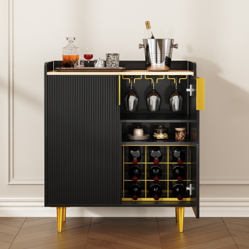 U-HOMY 31.5" Fluted Bar Cabinet - Black & Gold Modern Wine Rack with Glass Holder & Storage