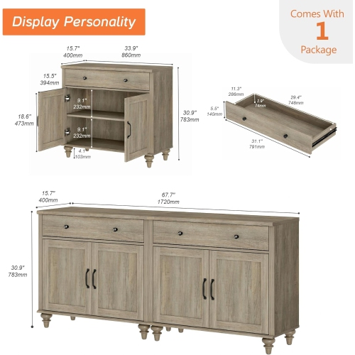 WAMPAT Farmhouse TV Stand for 75 inch TV with 4 Doors and 2 Drawers, Wood Universal TV Stand with Storage Cabinets, Wash Grey Entertainment Center TV