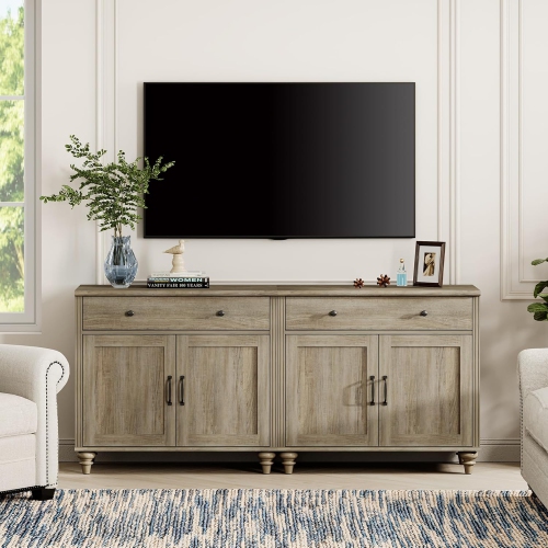 WAMPAT Farmhouse TV Stand for 75 inch TV with 4 Doors and 2 Drawers, Wood Universal TV Stand with Storage Cabinets, Wash Grey Entertainment Center TV