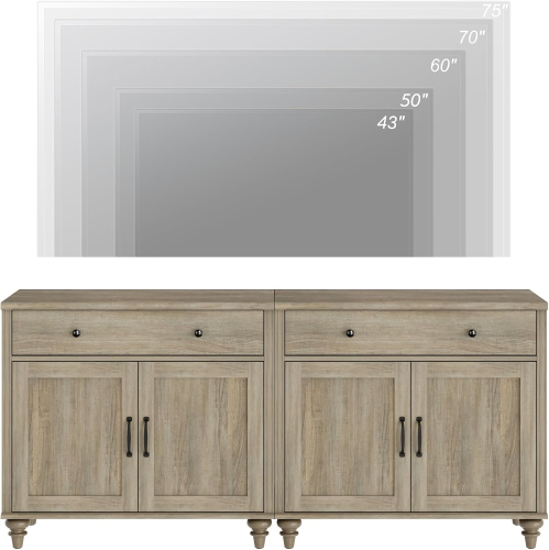 WAMPAT Farmhouse TV Stand for 75 inch TV with 4 Doors and 2 Drawers, Wood Universal TV Stand with Storage Cabinets, Wash Grey Entertainment Center TV