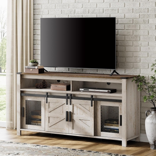 WAMPAT Farmhouse TV Stand for 65+ Inch TV,Wood Entertainment Centre with Sliding Barn Door,Rustic Media Console for Living Room, Bedroom,Rustic Oak