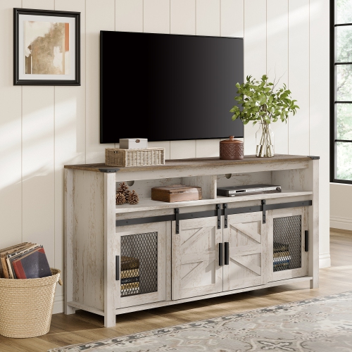 WAMPAT Farmhouse TV Stand for 65+ Inch TV,Wood Entertainment Centre with Sliding Barn Door,Rustic Media Console for Living Room, Bedroom,Rustic Oak
