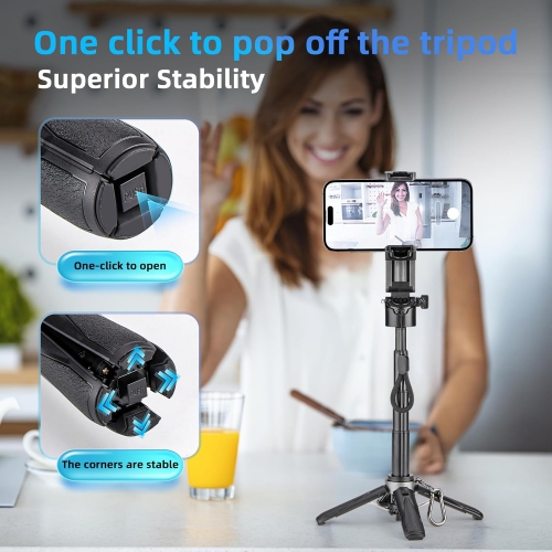 Selfie Stick for Travel,Phone Tripod Stand for Vlog Selfie,Portable Selfie Stick with Rechargeable Remote,Extendable Detachable Cell Phone Tripod for