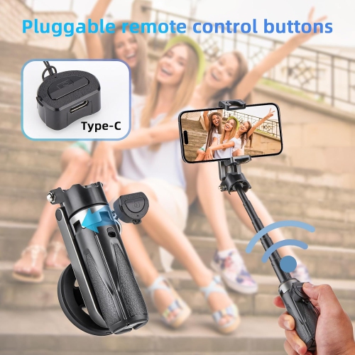 Selfie Stick for Travel,Phone Tripod Stand for Vlog Selfie,Portable Selfie Stick with Rechargeable Remote,Extendable Detachable Cell Phone Tripod for