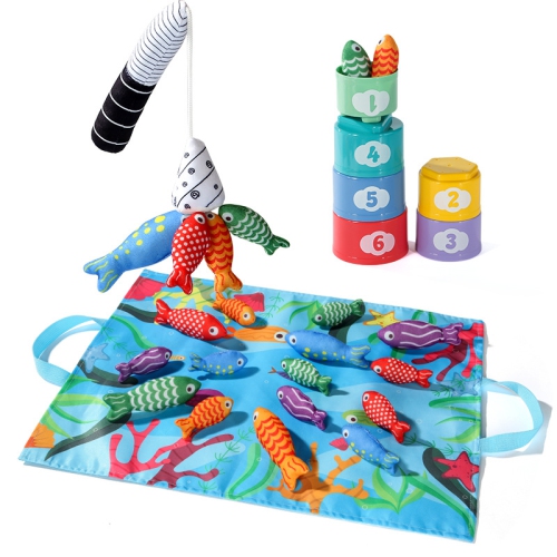 Toddler Toys for Montessori Toys for 1-3Year Old, 26PCS Cloth Fishing Game with Stacking Cups for Hand-Brain Coordination Sensory Toys