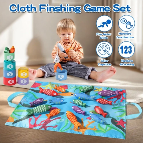 Toddler Toys for Montessori Toys for 1-3Year Old, 26PCS Cloth Fishing Game with Stacking Cups for Hand-Brain Coordination Sensory Toys