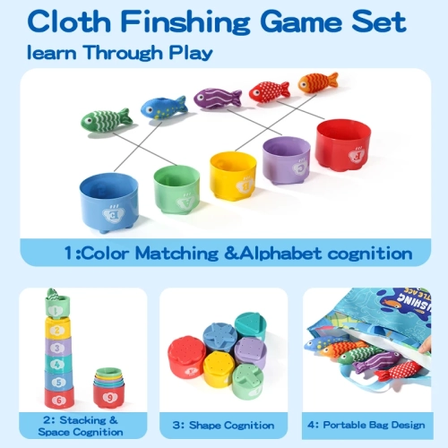 Toddler Toys for Montessori Toys for 1-3Year Old, 26PCS Cloth Fishing Game with Stacking Cups for Hand-Brain Coordination Sensory Toys