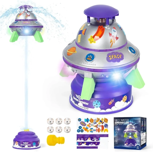 MYACUC  Ufo Water Sprinkler for Kids, Water Rocket Toy Outdoor Summer Play W/light & Spin, Adjustable Height Launcher, Backyard Lawn Gift for Girls