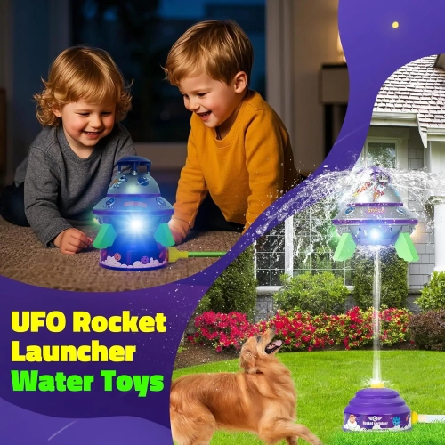 UFO Water Sprinkler for Kids, Water Rocket Toy Outdoor Summer Play W/Light & Spin, Adjustable Height Launcher, Backyard Lawn Gift for Girls Boys 3-12