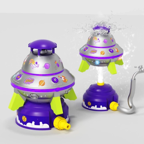 UFO Water Sprinkler for Kids, Water Rocket Toy Outdoor Summer Play W/Light & Spin, Adjustable Height Launcher, Backyard Lawn Gift for Girls Boys 3-12