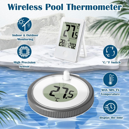 Thermomètre d'eau flottant pour piscine, thermomètre numérique sans fil avec moniteur d'humidité de température intérieure pour piscines Fishing Pond