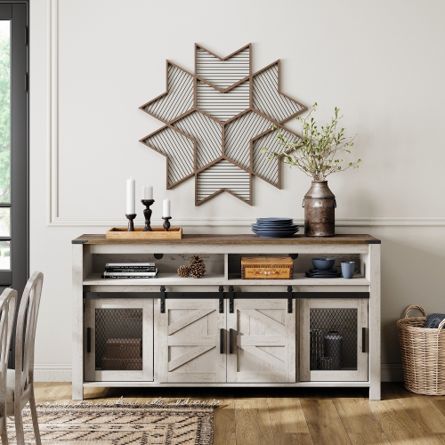 WAMPAT Farmhouse Buffet Cabinet, Rustic Sideboard with Sliding Barn Doors, 59" Coffee Bar Storage Cabinet with Mesh Doors, Rustic White Cupboard