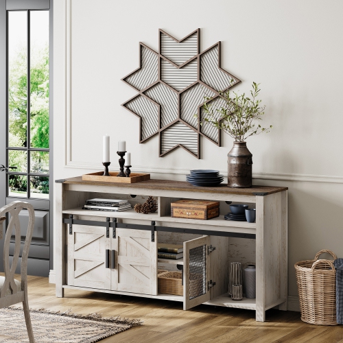 WAMPAT Farmhouse Buffet Cabinet, Rustic Sideboard with Sliding Barn Doors, 59" Coffee Bar Storage Cabinet with Mesh Doors, Rustic White Cupboard